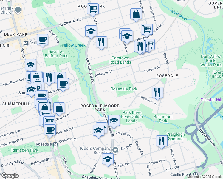map of restaurants, bars, coffee shops, grocery stores, and more near 10 Highland Avenue in Toronto