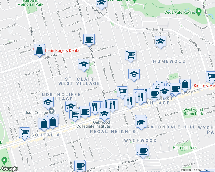 map of restaurants, bars, coffee shops, grocery stores, and more near 64 Robina Avenue in Toronto