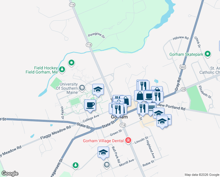 map of restaurants, bars, coffee shops, grocery stores, and more near 8 Millett Drive in Gorham