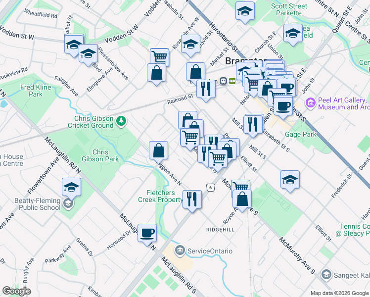 map of restaurants, bars, coffee shops, grocery stores, and more near in Brampton