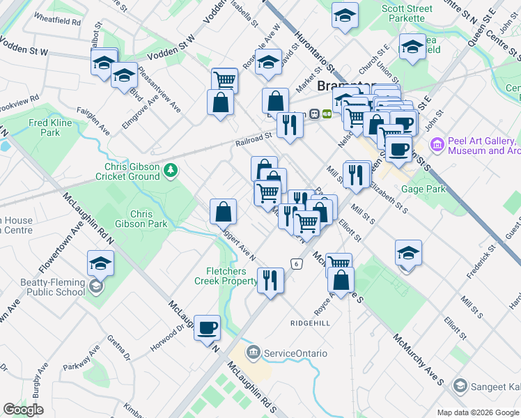 map of restaurants, bars, coffee shops, grocery stores, and more near 17 Rock Haven Lane in Brampton