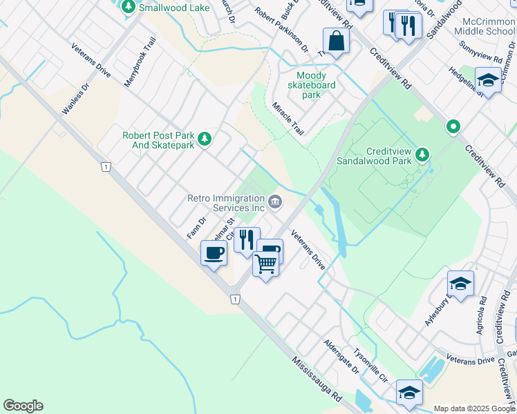 map of restaurants, bars, coffee shops, grocery stores, and more near in Brampton