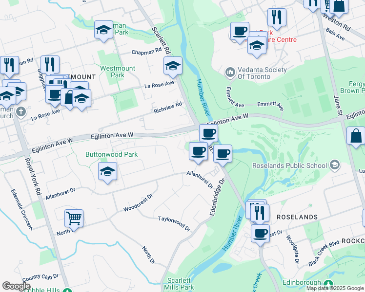 map of restaurants, bars, coffee shops, grocery stores, and more near 20 Fontenay Court in Toronto
