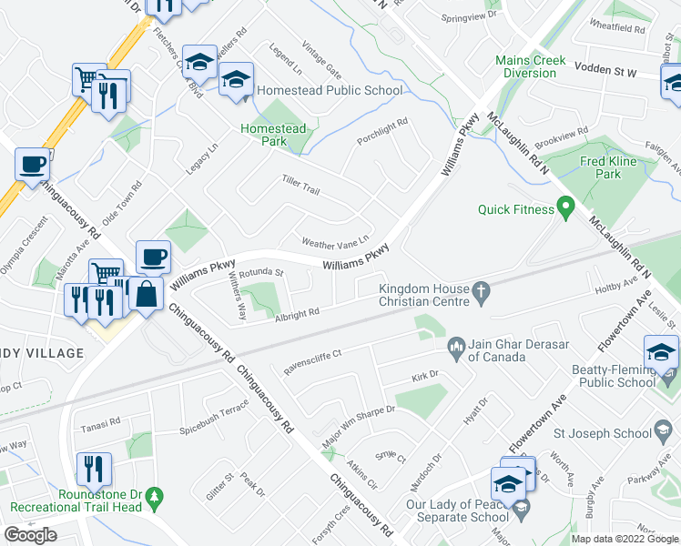 map of restaurants, bars, coffee shops, grocery stores, and more near 1 Oxtail Lane in Brampton