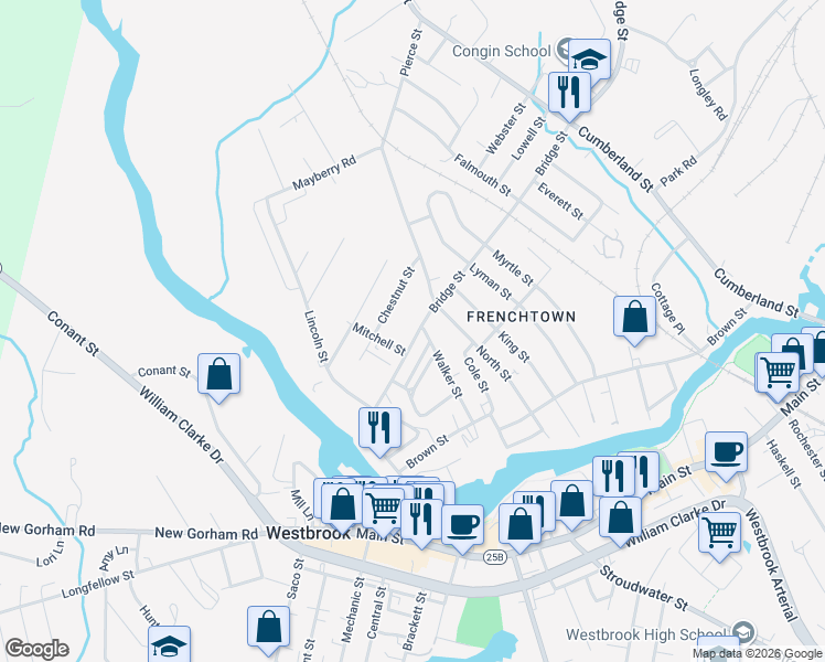 map of restaurants, bars, coffee shops, grocery stores, and more near 197 Bridge Street in Westbrook