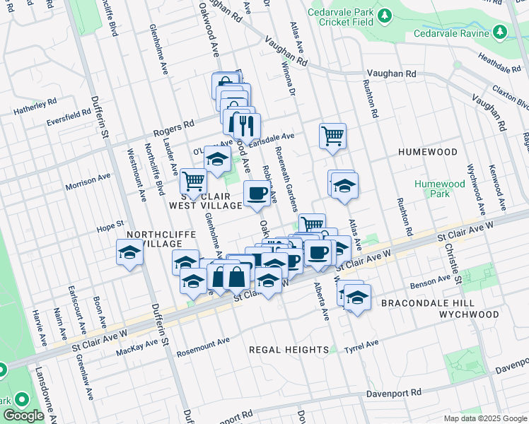 map of restaurants, bars, coffee shops, grocery stores, and more near in Toronto