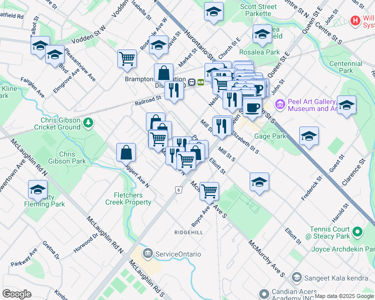 map of restaurants, bars, coffee shops, grocery stores, and more near in Brampton
