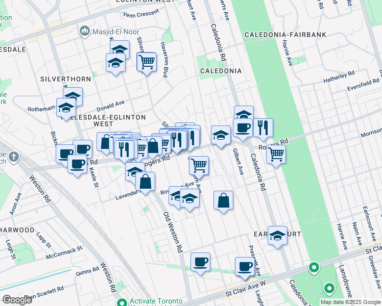 map of restaurants, bars, coffee shops, grocery stores, and more near in Toronto