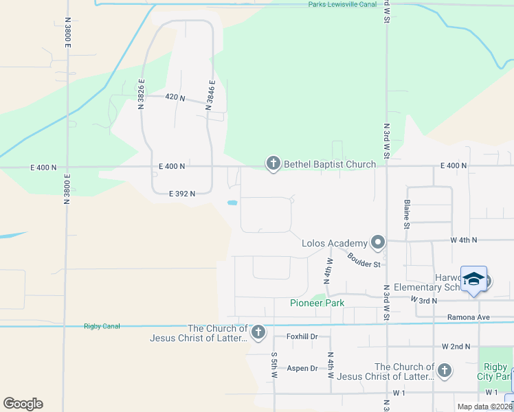map of restaurants, bars, coffee shops, grocery stores, and more near 3860 East 390 North in Rigby