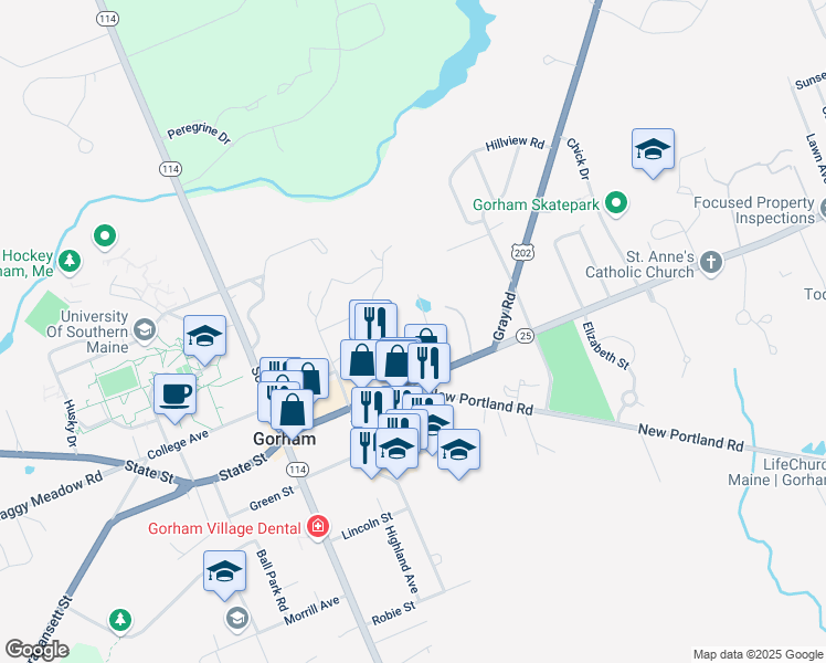 map of restaurants, bars, coffee shops, grocery stores, and more near 130 Main Street in Gorham