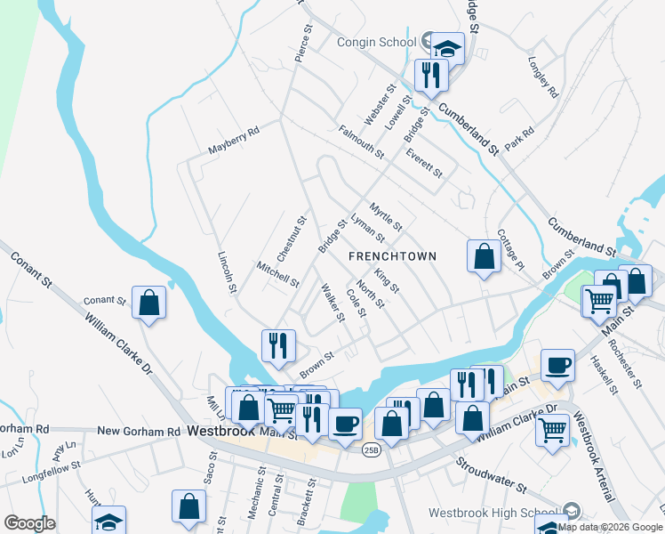 map of restaurants, bars, coffee shops, grocery stores, and more near 123 North Street in Westbrook