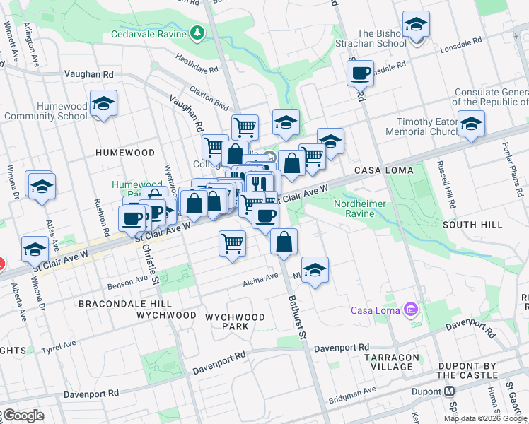 map of restaurants, bars, coffee shops, grocery stores, and more near 1466 Bathurst Street in Toronto