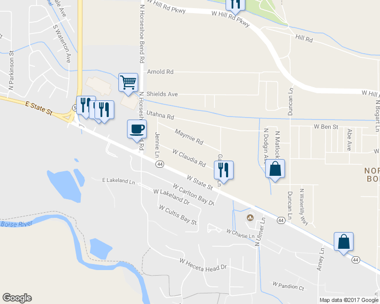 map of restaurants, bars, coffee shops, grocery stores, and more near 10200 West Claudia Road in Boise