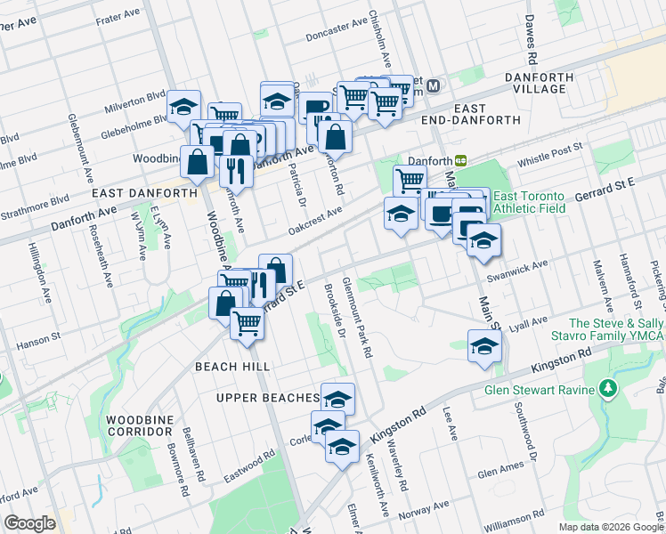 map of restaurants, bars, coffee shops, grocery stores, and more near 2102 Gerrard Street East in Toronto