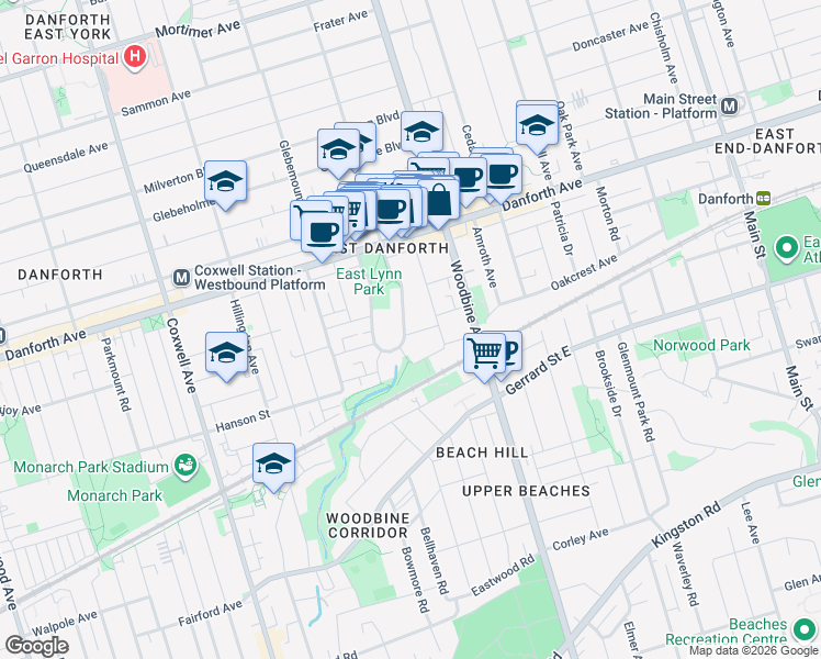map of restaurants, bars, coffee shops, grocery stores, and more near 35 East Lynn Avenue in Toronto
