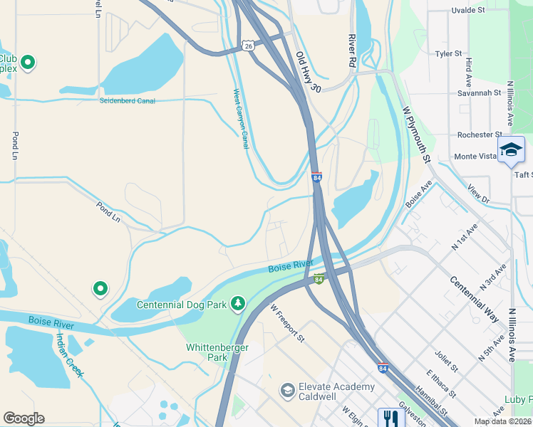 map of restaurants, bars, coffee shops, grocery stores, and more near 21381 Shady River Lane in Caldwell
