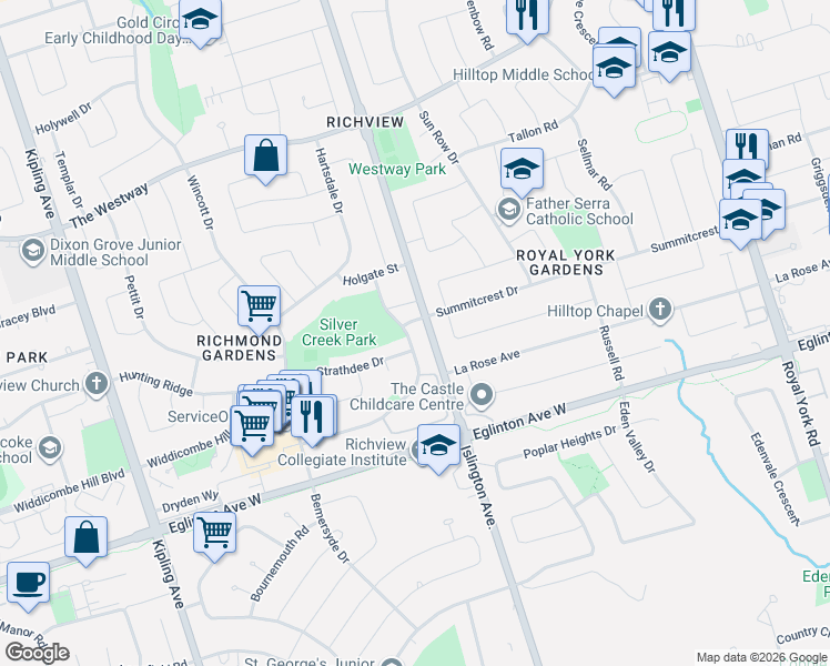 map of restaurants, bars, coffee shops, grocery stores, and more near 33 Waterford Drive in Toronto