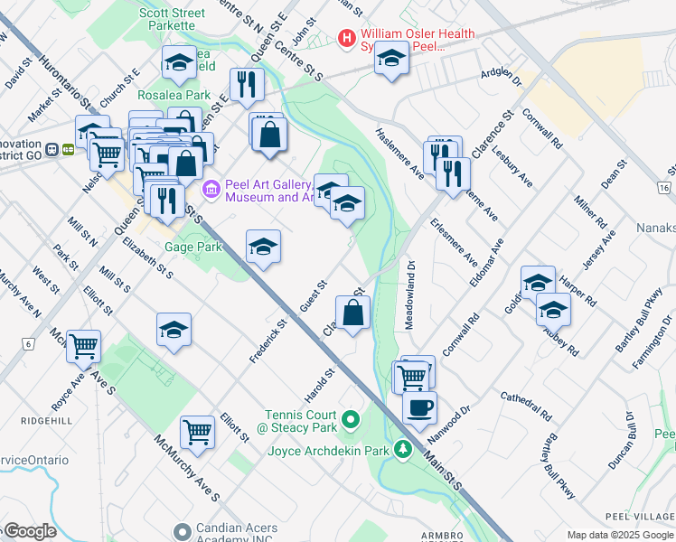 map of restaurants, bars, coffee shops, grocery stores, and more near 43 Guest Street in Brampton