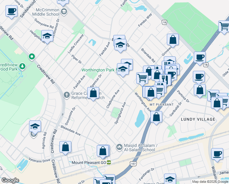 map of restaurants, bars, coffee shops, grocery stores, and more near 12 White Road in Brampton