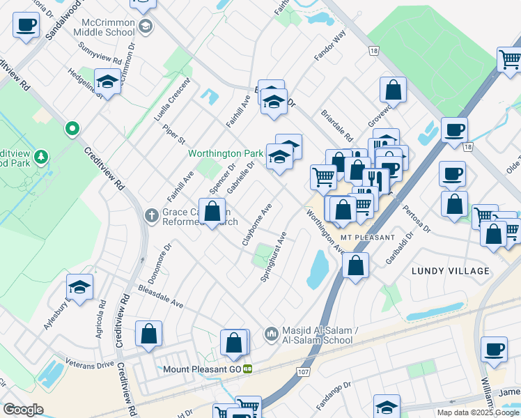 map of restaurants, bars, coffee shops, grocery stores, and more near 22 Clayborne Avenue in Brampton