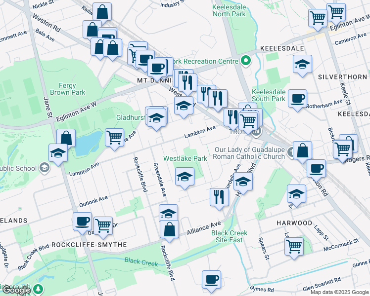 map of restaurants, bars, coffee shops, grocery stores, and more near 14 Cashman Crescent in Toronto
