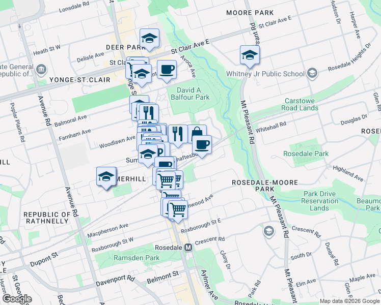 map of restaurants, bars, coffee shops, grocery stores, and more near 72 Shaftesbury Avenue in Toronto