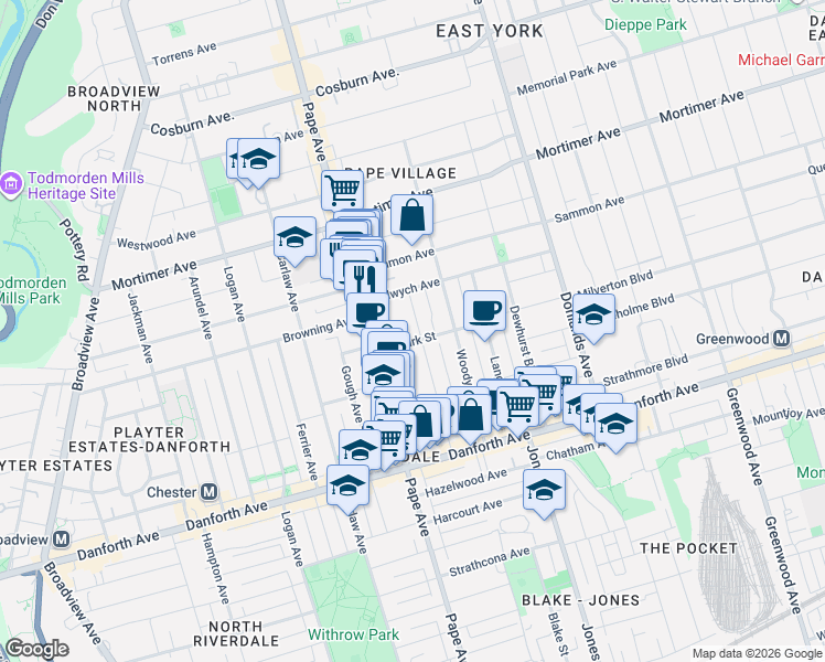 map of restaurants, bars, coffee shops, grocery stores, and more near in Toronto