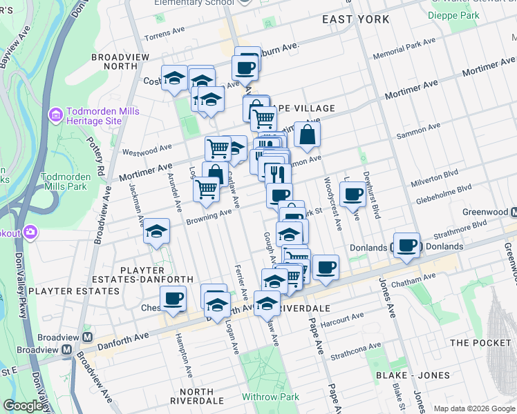 map of restaurants, bars, coffee shops, grocery stores, and more near in Toronto