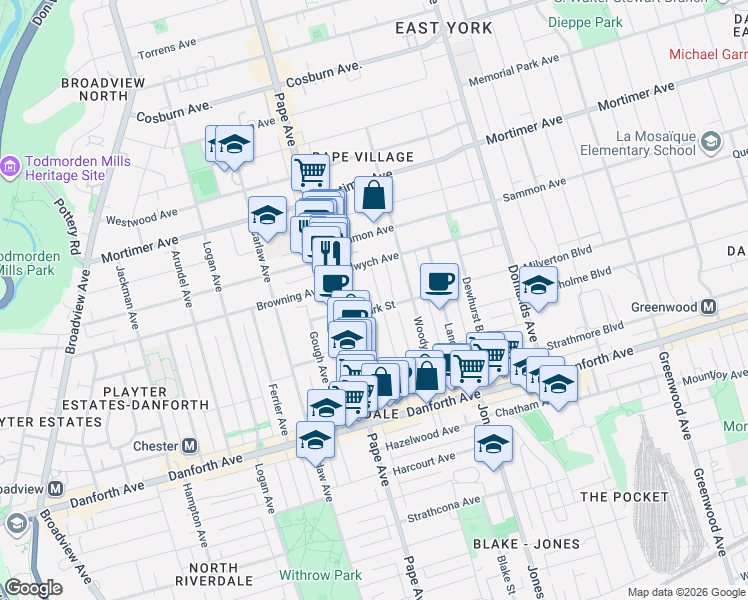map of restaurants, bars, coffee shops, grocery stores, and more near 114 Eaton Avenue in Toronto