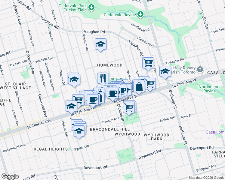 map of restaurants, bars, coffee shops, grocery stores, and more near 17 Humewood Drive in Toronto