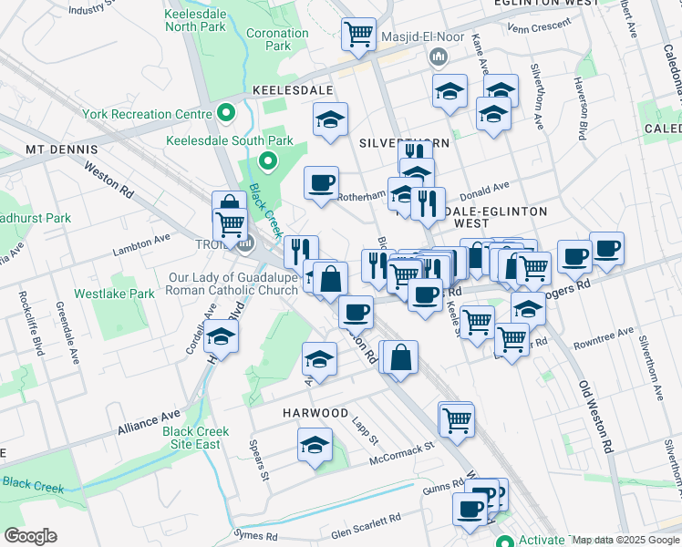 map of restaurants, bars, coffee shops, grocery stores, and more near 22 Nashville Avenue in Toronto