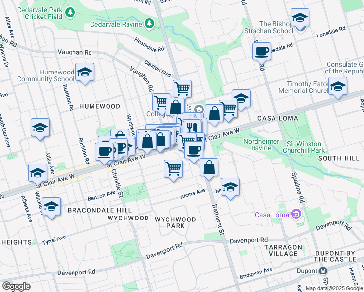 map of restaurants, bars, coffee shops, grocery stores, and more near 531 Saint Clair Avenue West in Toronto