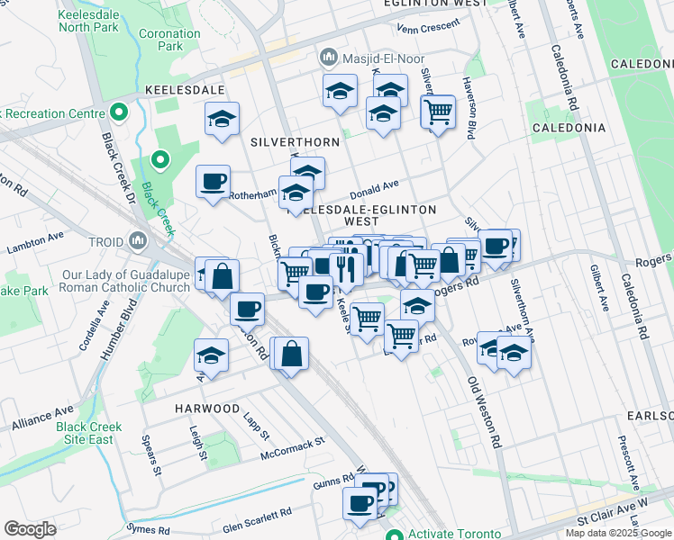 map of restaurants, bars, coffee shops, grocery stores, and more near in Toronto