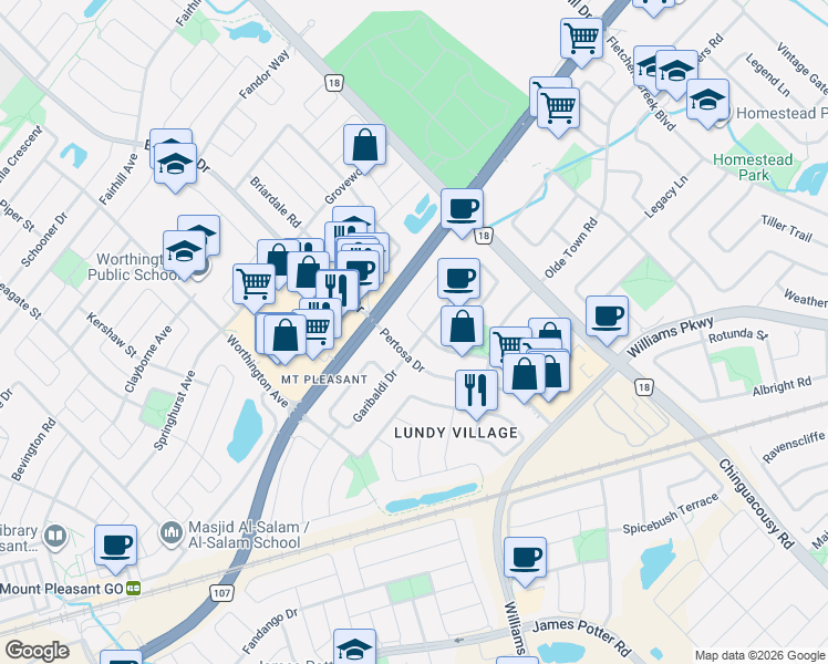 map of restaurants, bars, coffee shops, grocery stores, and more near 2 Summerdale Crescent in Brampton