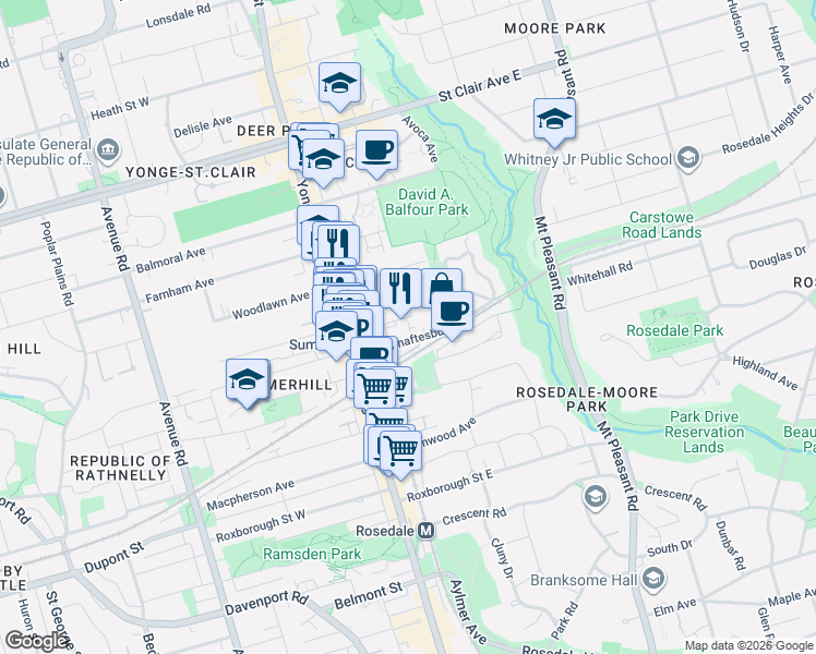 map of restaurants, bars, coffee shops, grocery stores, and more near 3 Tacoma Avenue in Toronto