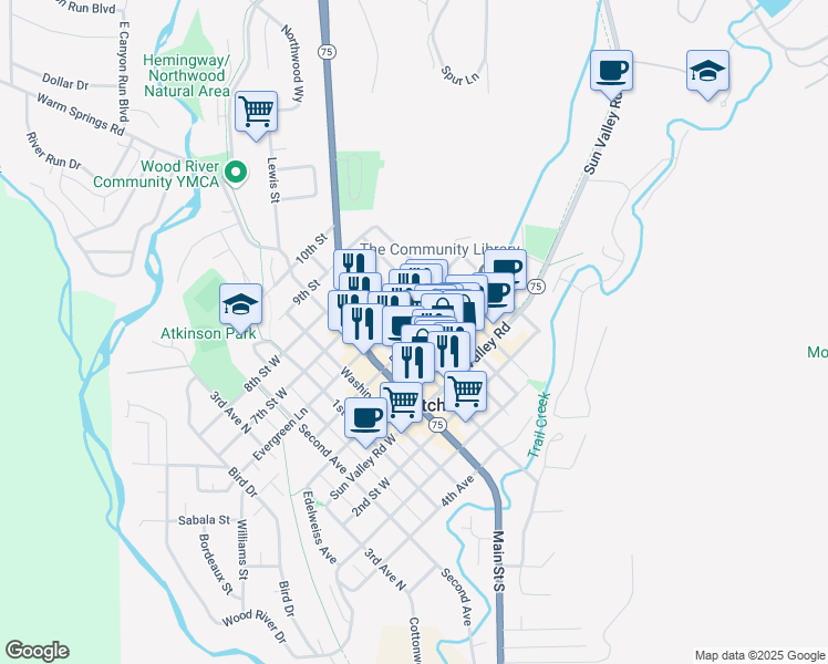 map of restaurants, bars, coffee shops, grocery stores, and more near 500 East Avenue in Ketchum