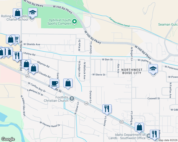 map of restaurants, bars, coffee shops, grocery stores, and more near 7572 North Matlock Avenue in Boise