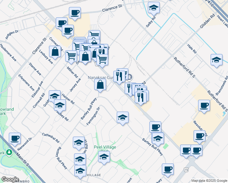 map of restaurants, bars, coffee shops, grocery stores, and more near 165 Kennedy Road South in Brampton