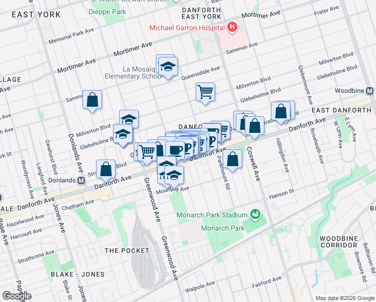 map of restaurants, bars, coffee shops, grocery stores, and more near 255 Strathmore Boulevard in Toronto