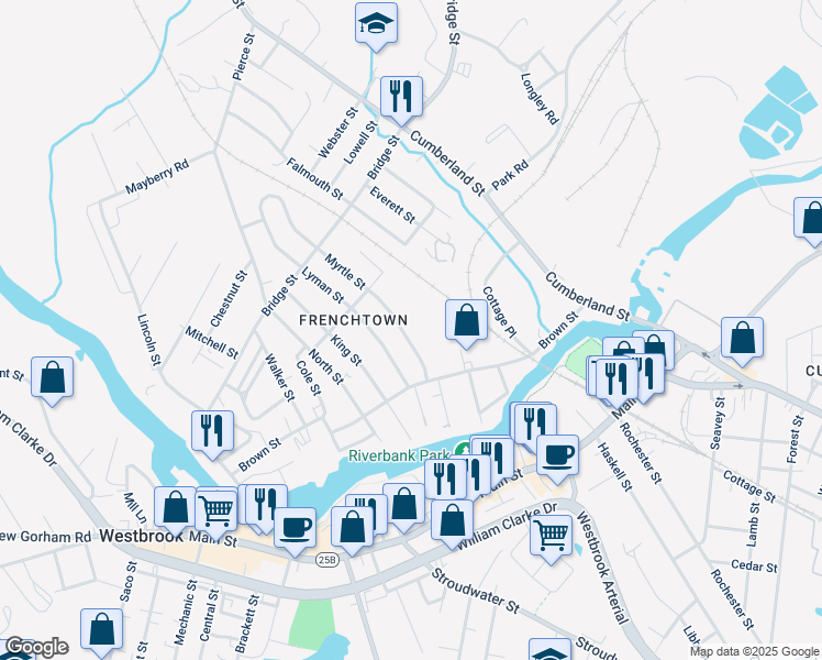 map of restaurants, bars, coffee shops, grocery stores, and more near 41 Myrtle Street in Westbrook