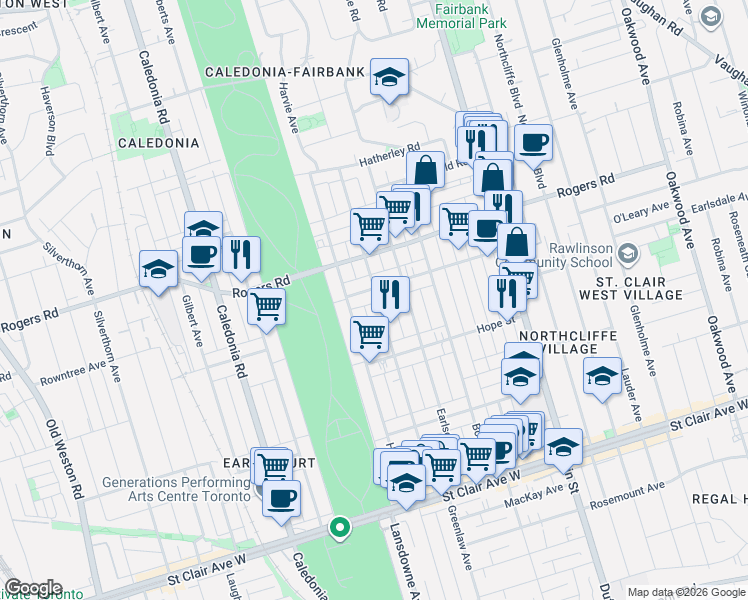 map of restaurants, bars, coffee shops, grocery stores, and more near 220 Nairn Avenue in Toronto