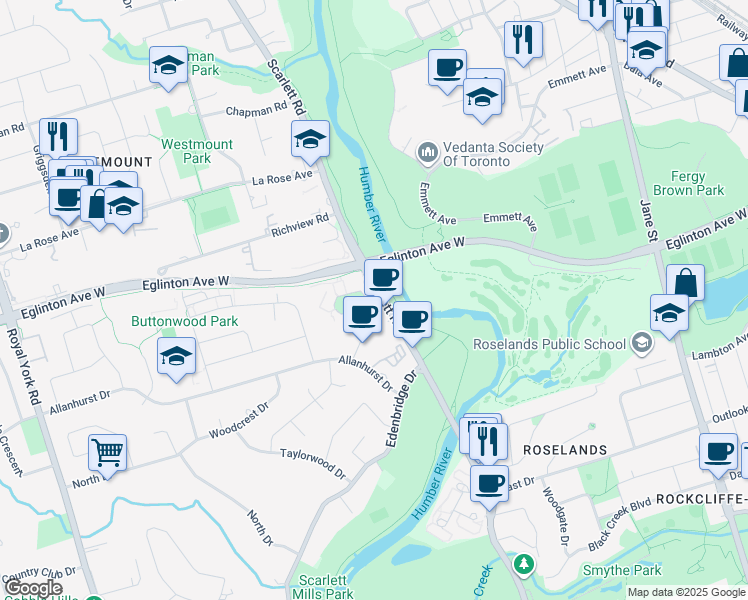 map of restaurants, bars, coffee shops, grocery stores, and more near 35 Fontenay Court in Toronto