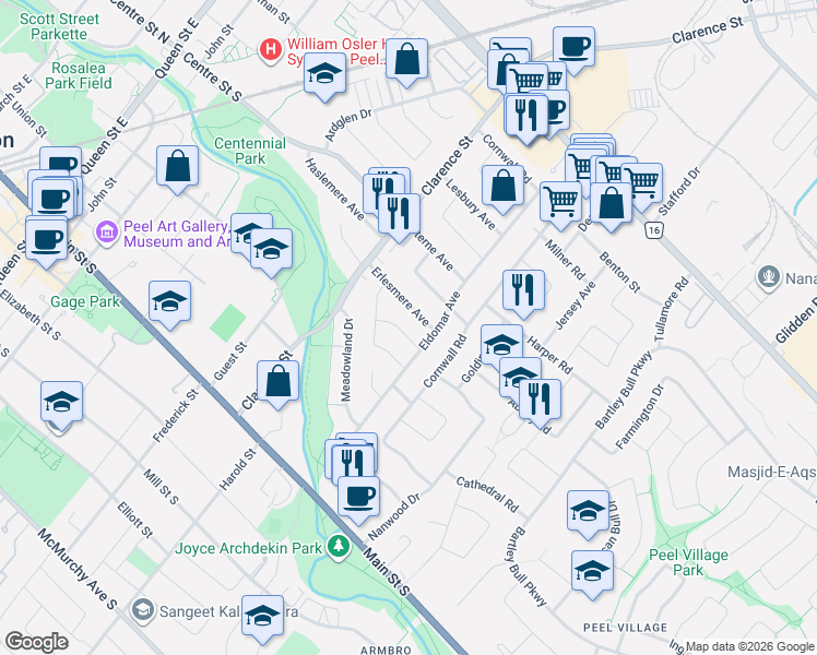 map of restaurants, bars, coffee shops, grocery stores, and more near 7 Avonmore Street in Brampton