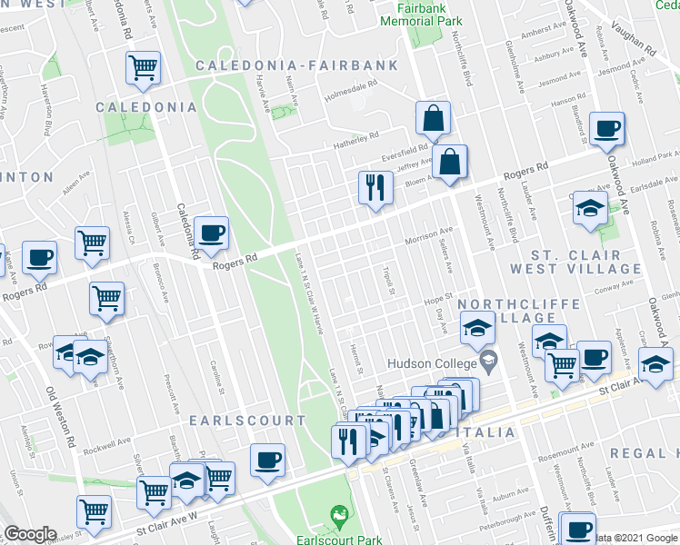 map of restaurants, bars, coffee shops, grocery stores, and more near 220 Nairn Avenue in Toronto