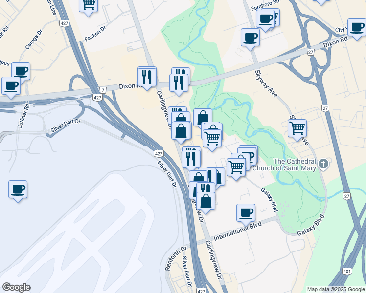 map of restaurants, bars, coffee shops, grocery stores, and more near 195 Carlingview Drive in Toronto