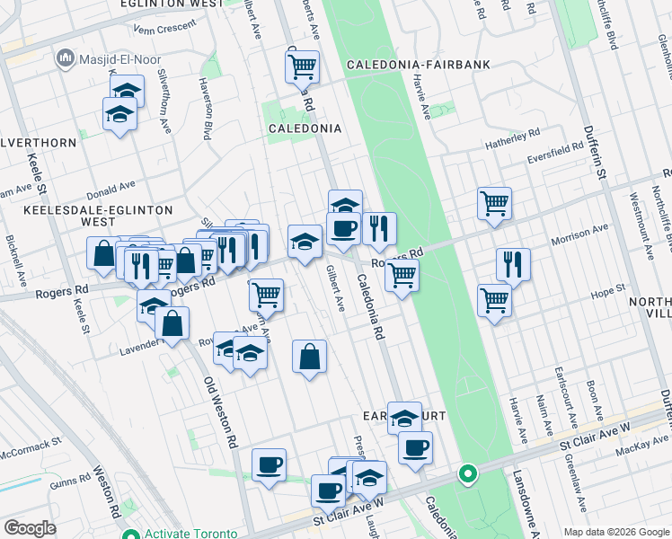 map of restaurants, bars, coffee shops, grocery stores, and more near 215 Gilbert Avenue in Toronto