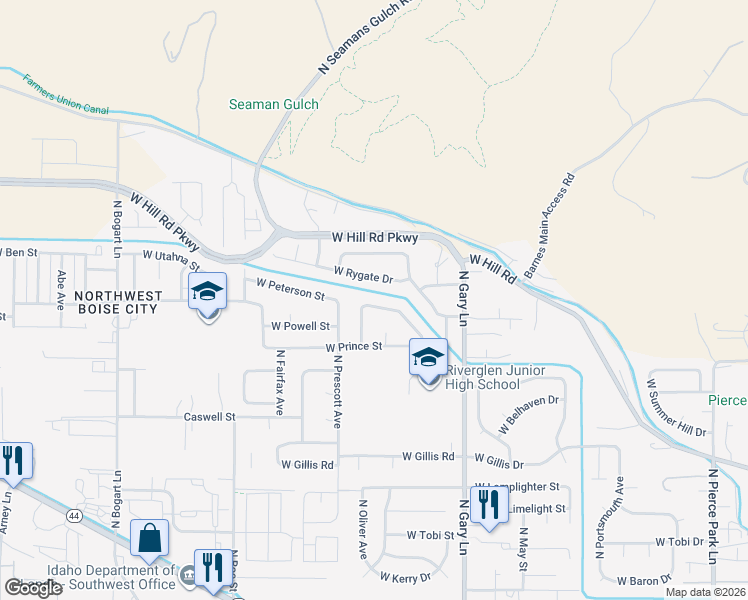 map of restaurants, bars, coffee shops, grocery stores, and more near 7574 North Peppermill Way in Boise