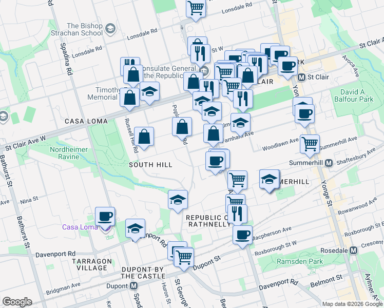 map of restaurants, bars, coffee shops, grocery stores, and more near 25 Clarendon Avenue in Toronto