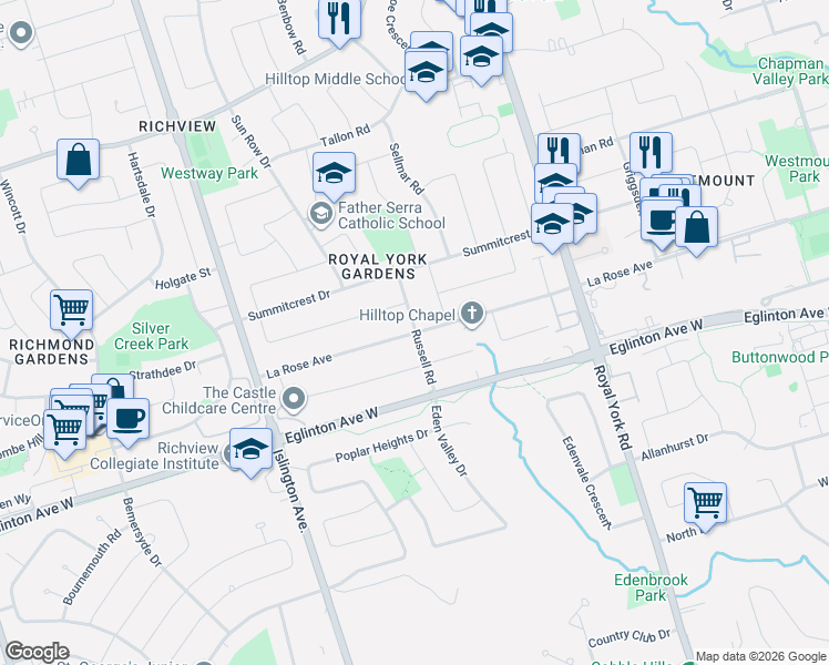 map of restaurants, bars, coffee shops, grocery stores, and more near 15 La Rose Avenue in Toronto