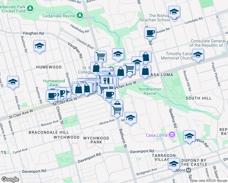 map of restaurants, bars, coffee shops, grocery stores, and more near 501 Saint Clair Avenue West in Toronto